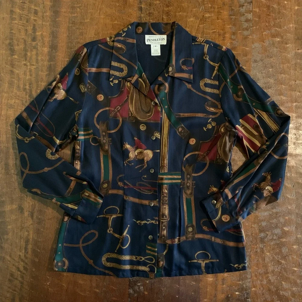 VTG Pendleton Size 8 Long Sleeve Equestrian Print Button Down Shirt - Picture 7 of 7